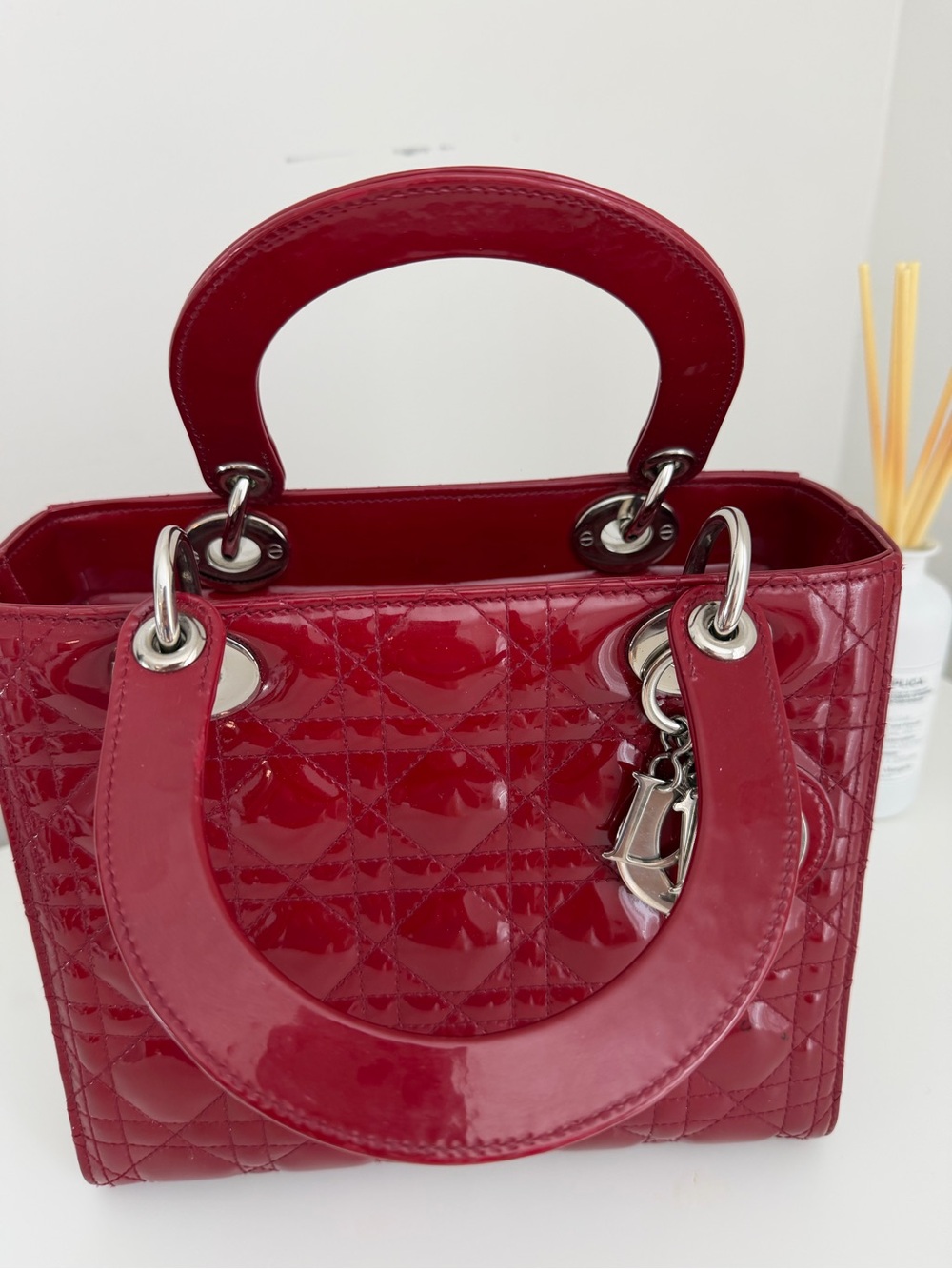 Lady Dior Red Patent Top-Handle Satchel with Silver Charm - Picture 5 of 8